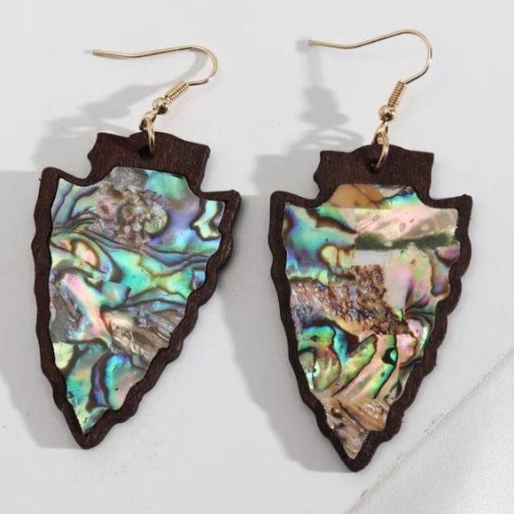 Wood & Abalone Shell Arrowhead Earrings - Picture 1 of 1